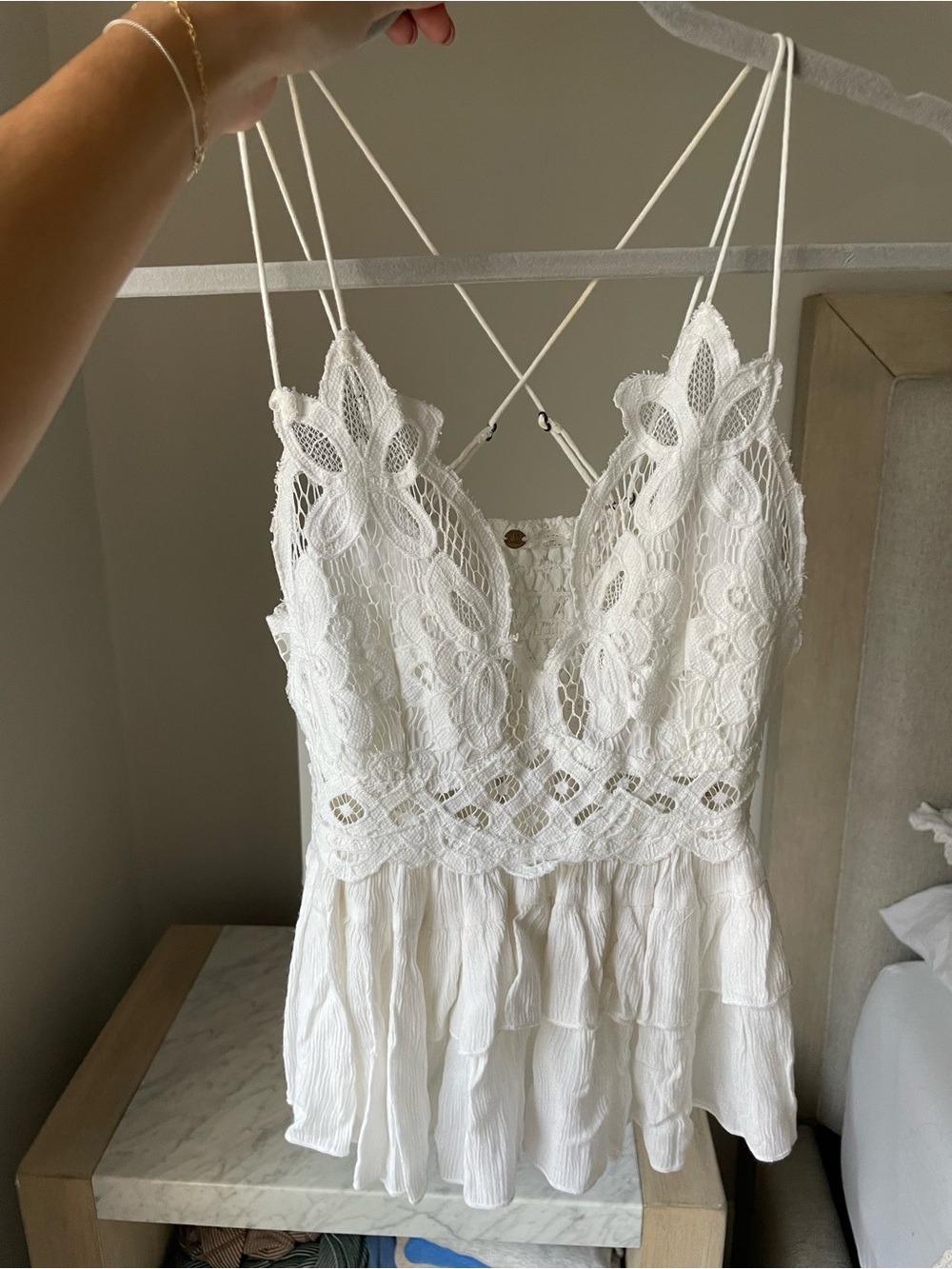 Free people White Lace Crochet Spaghetti-Strap Camisole Top